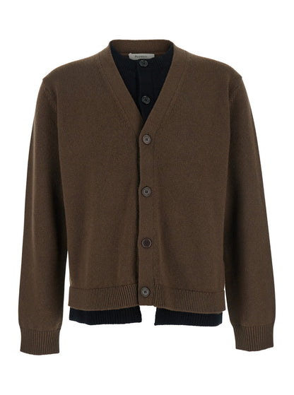 Jw Anderson Men Brown Cardigan With V-Neck And Layered Design In Fabric Man by Luosophy
