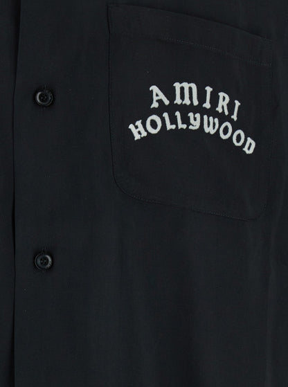 Amiri Men Black Shirt With Cuban Collar And Logo Lettering On Front In Modal Man by Luosophy