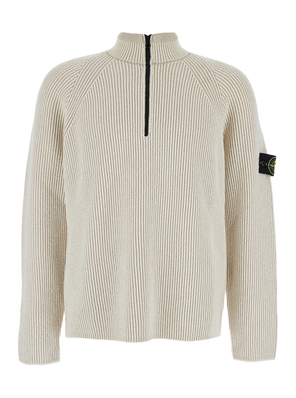 Stone Island Men White Sweater With Logo Patch On The Sleeve And Front Half Zip Closure In Wool Stretch Man by Luosophy