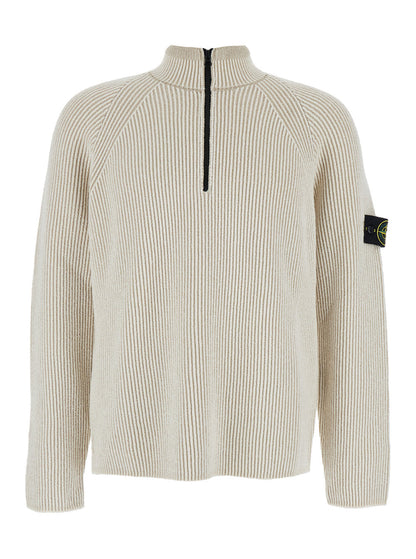 Stone Island Men White Sweater With Logo Patch On The Sleeve And Front Half Zip Closure In Wool Stretch Man by Luosophy
