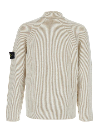Stone Island Men White Sweater With Logo Patch On The Sleeve And Front Half Zip Closure In Wool Stretch Man by Luosophy