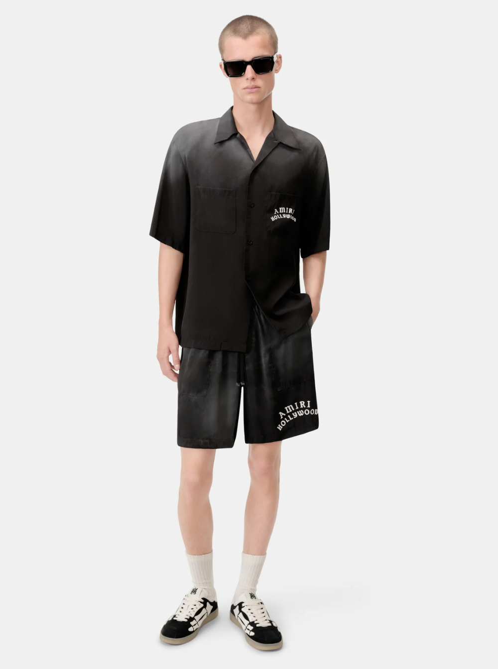 Amiri Men Black Shirt With Cuban Collar And Logo Lettering On Front In Modal Man by Luosophy