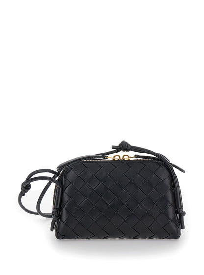 Bottega Veneta Women Black Concert Crossbody Bag With Intreccio Motif In Leather For Women by Luosophy