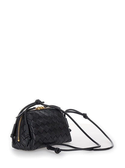 Bottega Veneta Women Black Concert Crossbody Bag With Intreccio Motif In Leather For Women by Luosophy