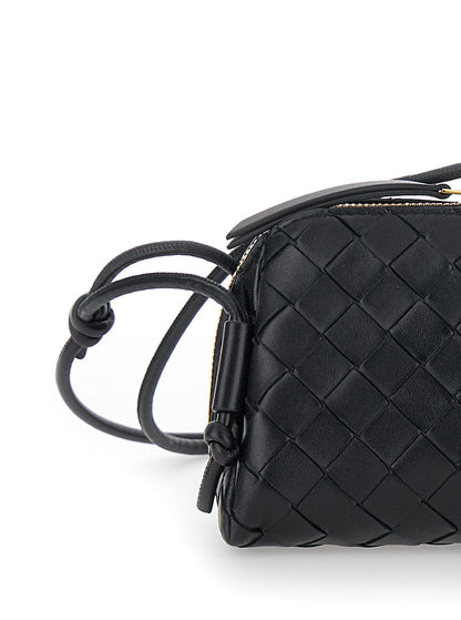 Bottega Veneta Women Black Concert Crossbody Bag With Intreccio Motif In Leather For Women by Luosophy