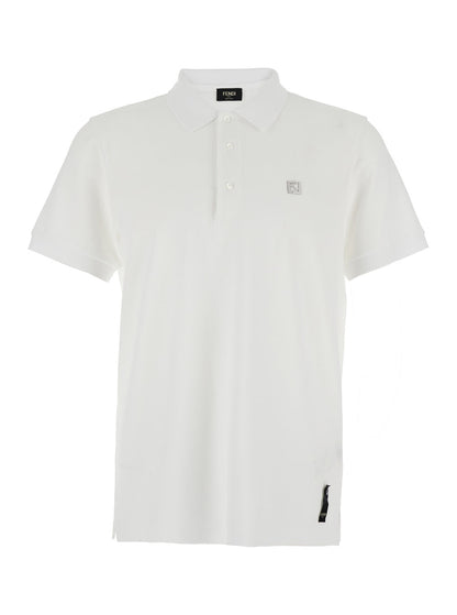Fendi Men White Polo With Classic Collar And Metal Ff Plate On The Front For Men by Luosophy