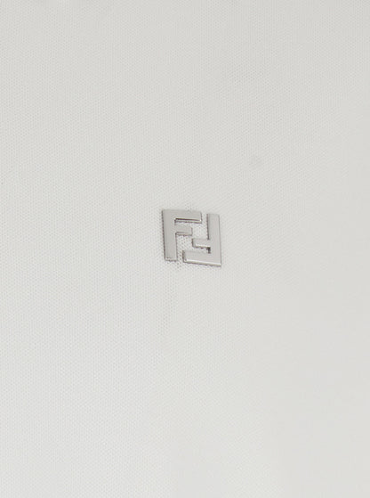 Fendi Men White Polo With Classic Collar And Metal Ff Plate On The Front For Men by Luosophy