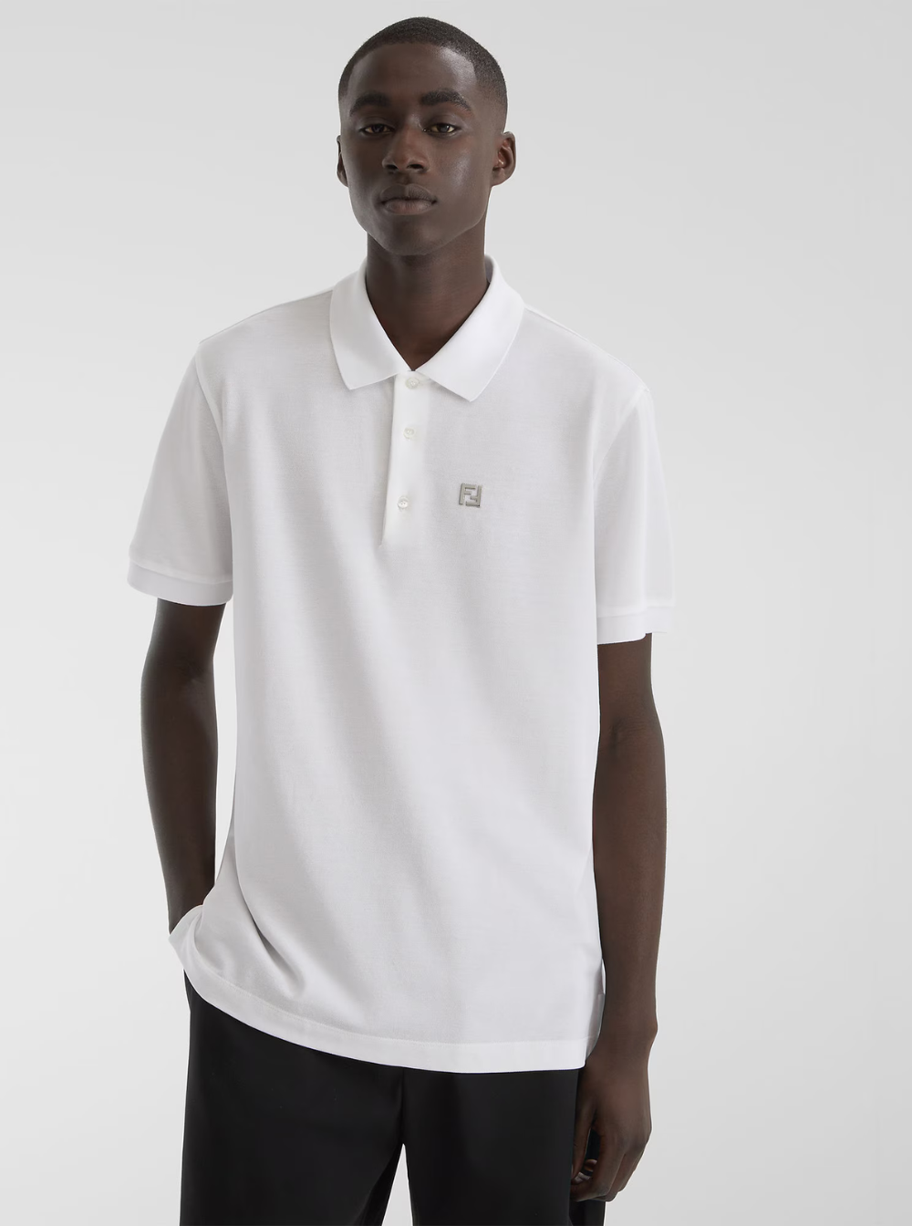 Fendi Men White Polo With Classic Collar And Metal Ff Plate On The Front For Men by Luosophy