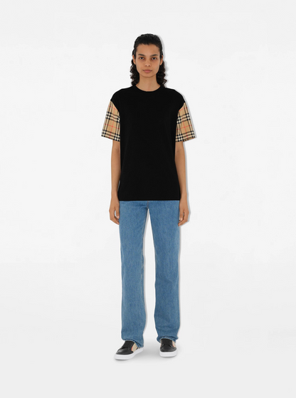 Burberry Women Black T-Shirt With Vintage Check Motif On Sleeves In Cotton For Women