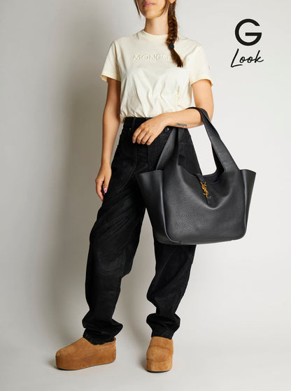 Saint Laurent Women Black Tote Bag With Two Top Handles And Hook Closure Cassandre In Hammered Leather Woman by Luosophy
