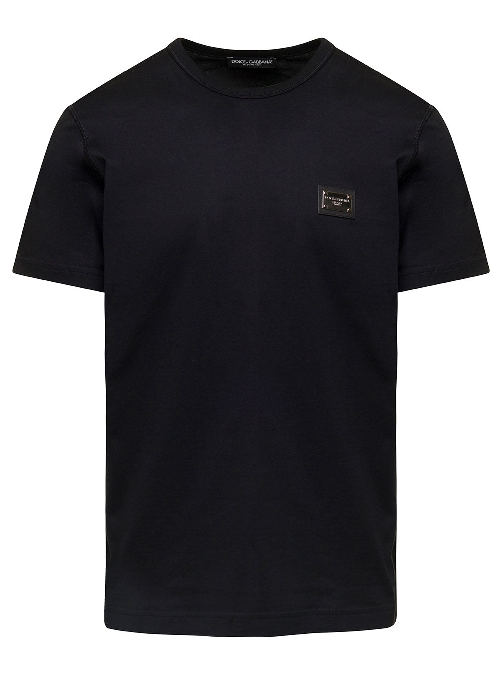 Dolce &amp; Gabbana Men Black T-Shirt With Logo Tag On The Front In Cotton For Men by Luosophy