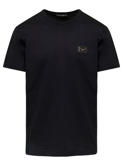 Dolce &amp; Gabbana Men Black T-Shirt With Logo Tag On The Front In Cotton For Men by Luosophy