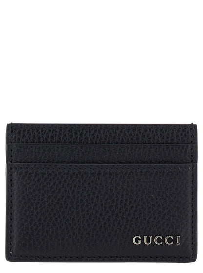 Gucci Men Black Card Holder With Logo Lettering Detail On The Front In Grained Leather For Men by Luosophy