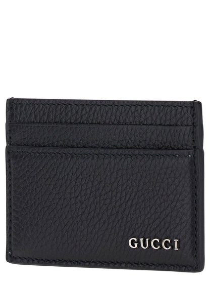 Gucci Men Black Card Holder With Logo Lettering Detail On The Front In Grained Leather For Men by Luosophy