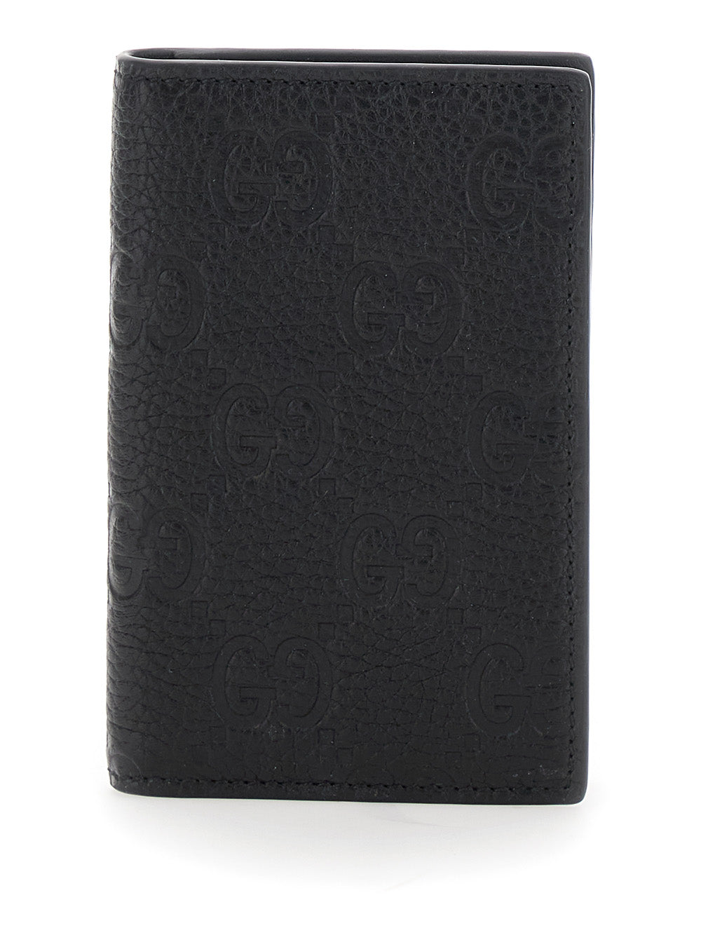 Gucci Men Black Gg Vertical Bi-Fold Wallet In Hammered Leather Man by Luosophy
