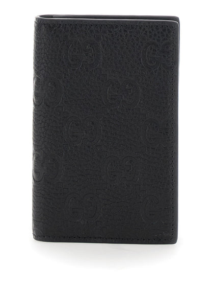 Gucci Men Black Gg Vertical Bi-Fold Wallet In Hammered Leather Man by Luosophy