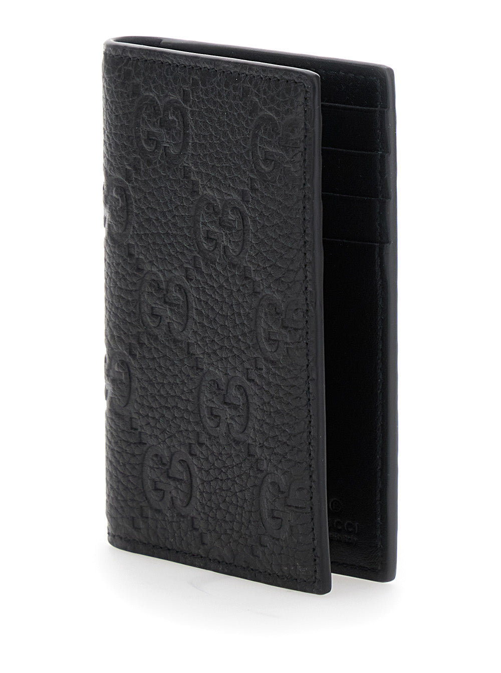 Gucci Men Black Gg Vertical Bi-Fold Wallet In Hammered Leather Man by Luosophy