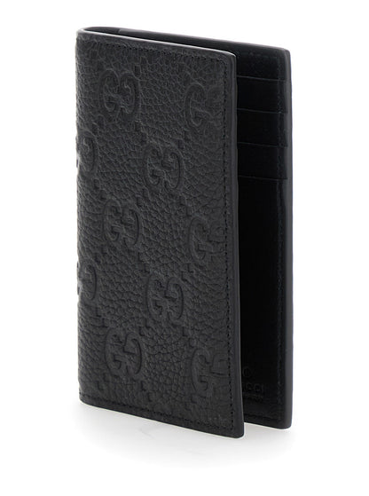 Gucci Men Black Gg Vertical Bi-Fold Wallet In Hammered Leather Man by Luosophy