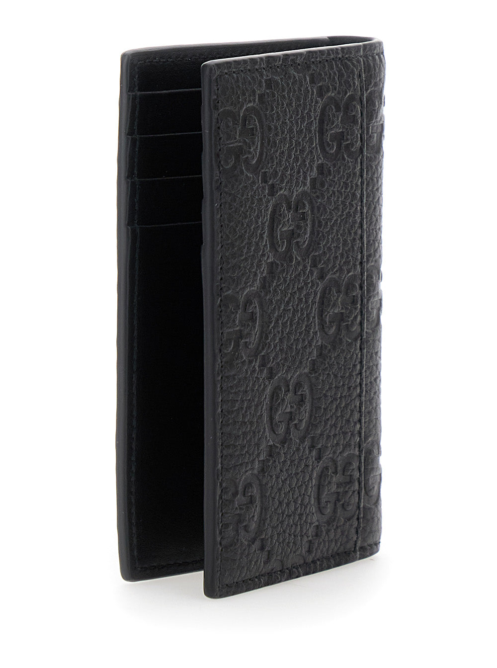 Gucci Men Black Gg Vertical Bi-Fold Wallet In Hammered Leather Man by Luosophy