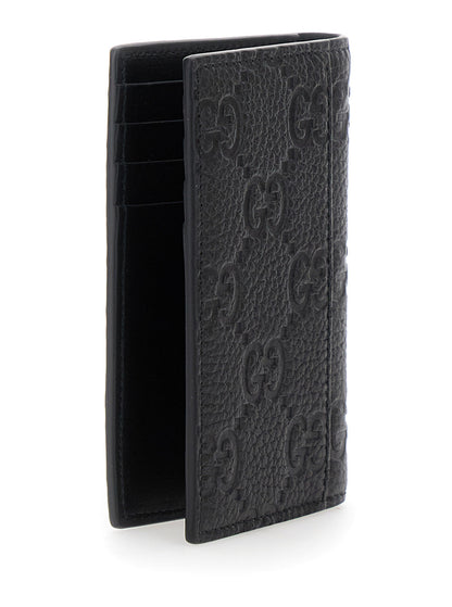 Gucci Men Black Gg Vertical Bi-Fold Wallet In Hammered Leather Man by Luosophy