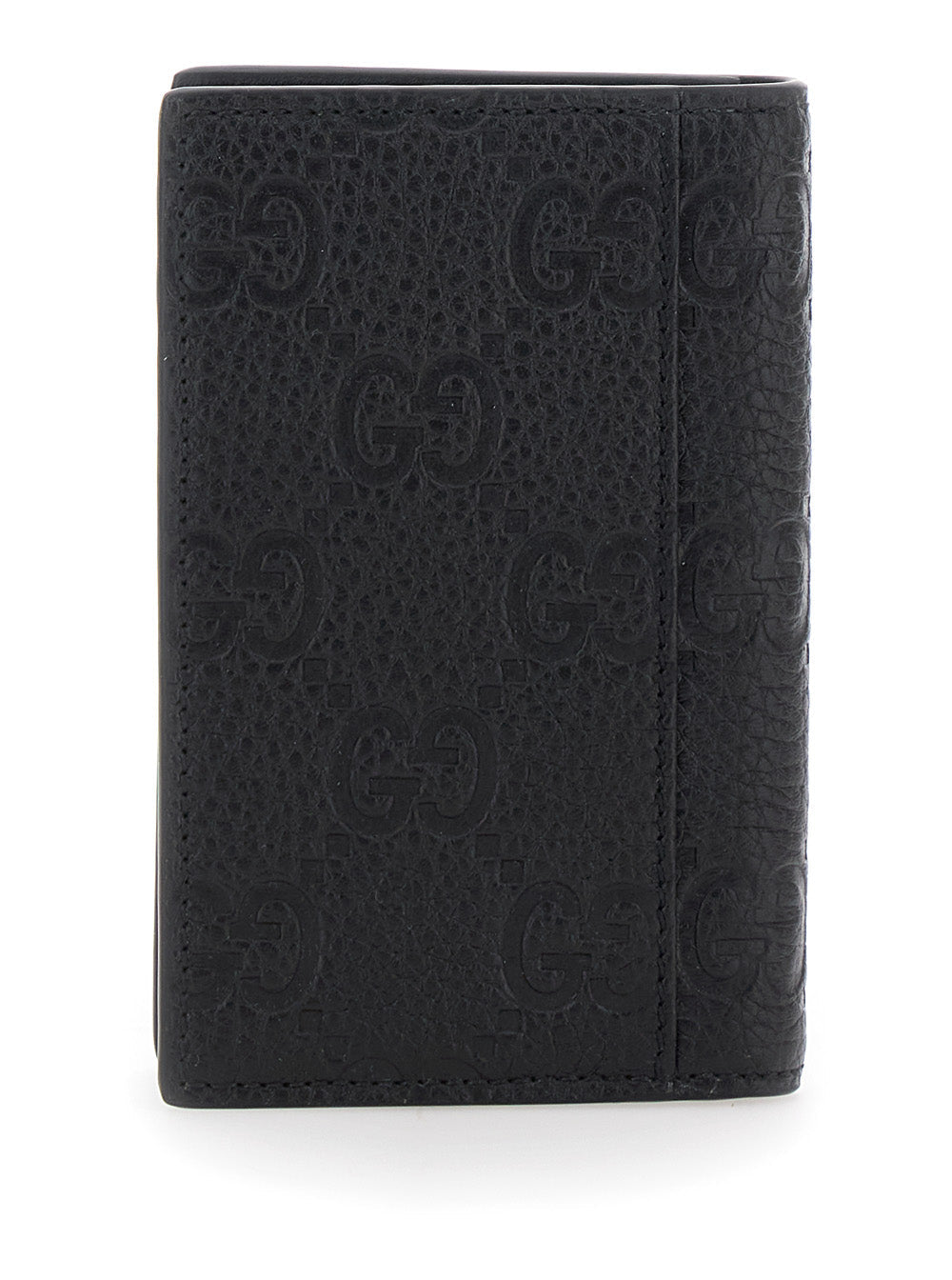 Gucci Men Black Gg Vertical Bi-Fold Wallet In Hammered Leather Man by Luosophy