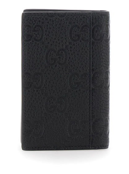 Gucci Men Black Gg Vertical Bi-Fold Wallet In Hammered Leather Man by Luosophy