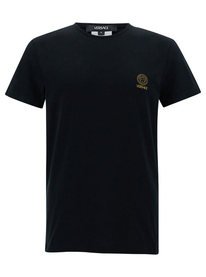 Versace Men Black Crewneck T-Shirt With Medusa Logo Print In Stretch Cotton Man by Luosophy