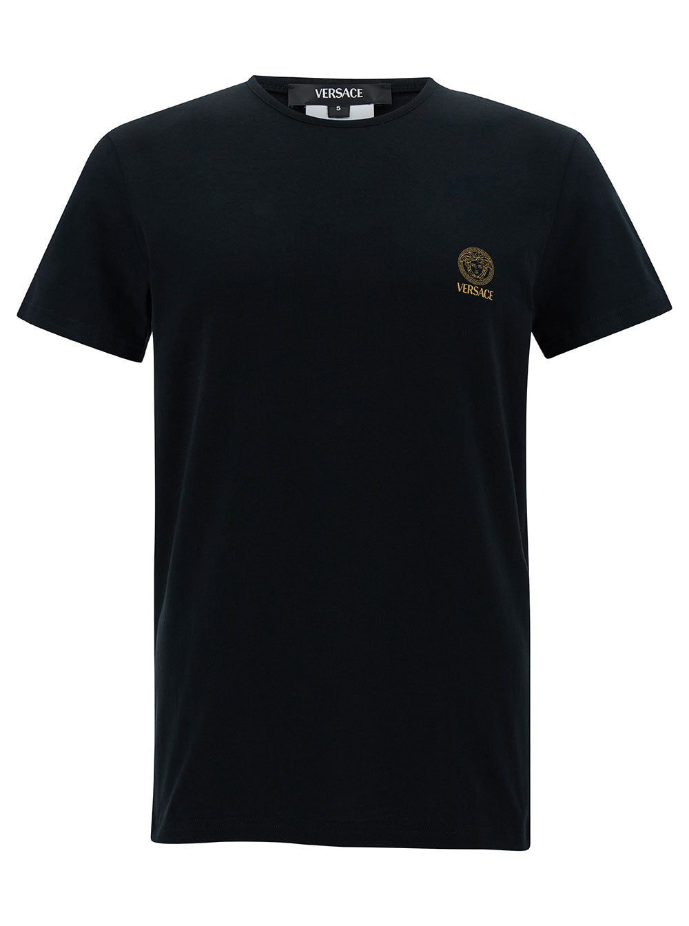 Versace Men Black Crewneck T-Shirt With Medusa Logo Print In Stretch Cotton Man by Luosophy