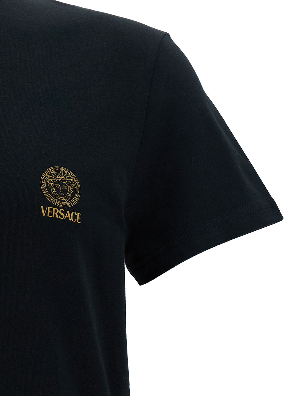 Versace Men Black Crewneck T-Shirt With Medusa Logo Print In Stretch Cotton Man by Luosophy