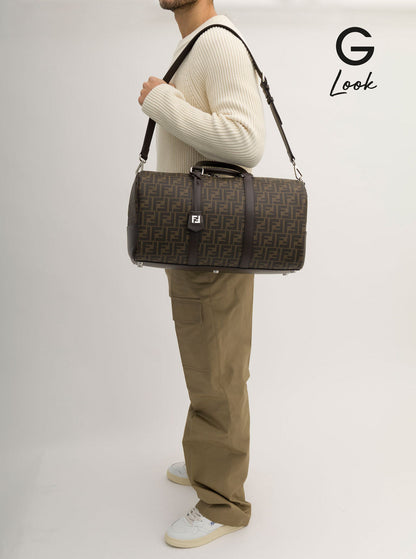 Fendi Men Brown Suitcase With All-Over Ff Motif And Ff Plate On The Front In Fabric For Men by Luosophy