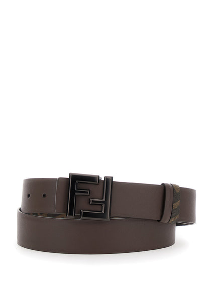 Fendi Men Belt With Ff Metallica Logo Plate And Brown Leather Front For Men by Luosophy