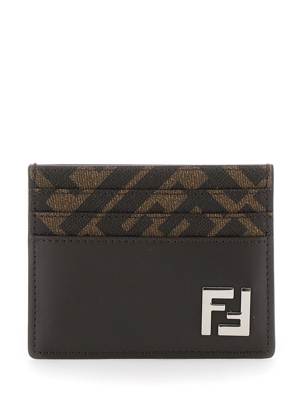 Fendi Men Squared Ff Card Holder In Leather And Ff Canvas Brown Men by Luosophy