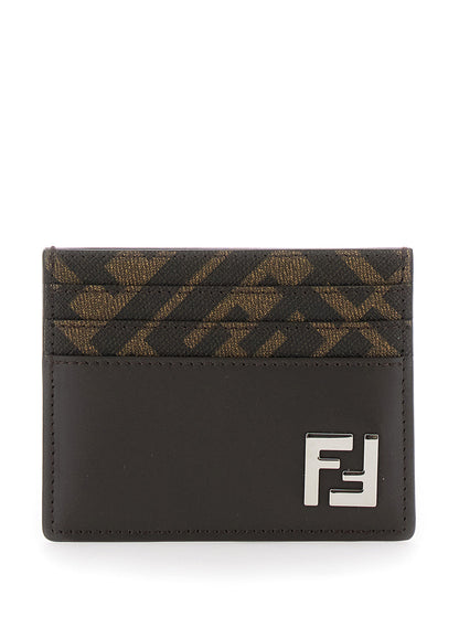 Fendi Men Squared Ff Card Holder In Leather And Ff Canvas Brown Men by Luosophy