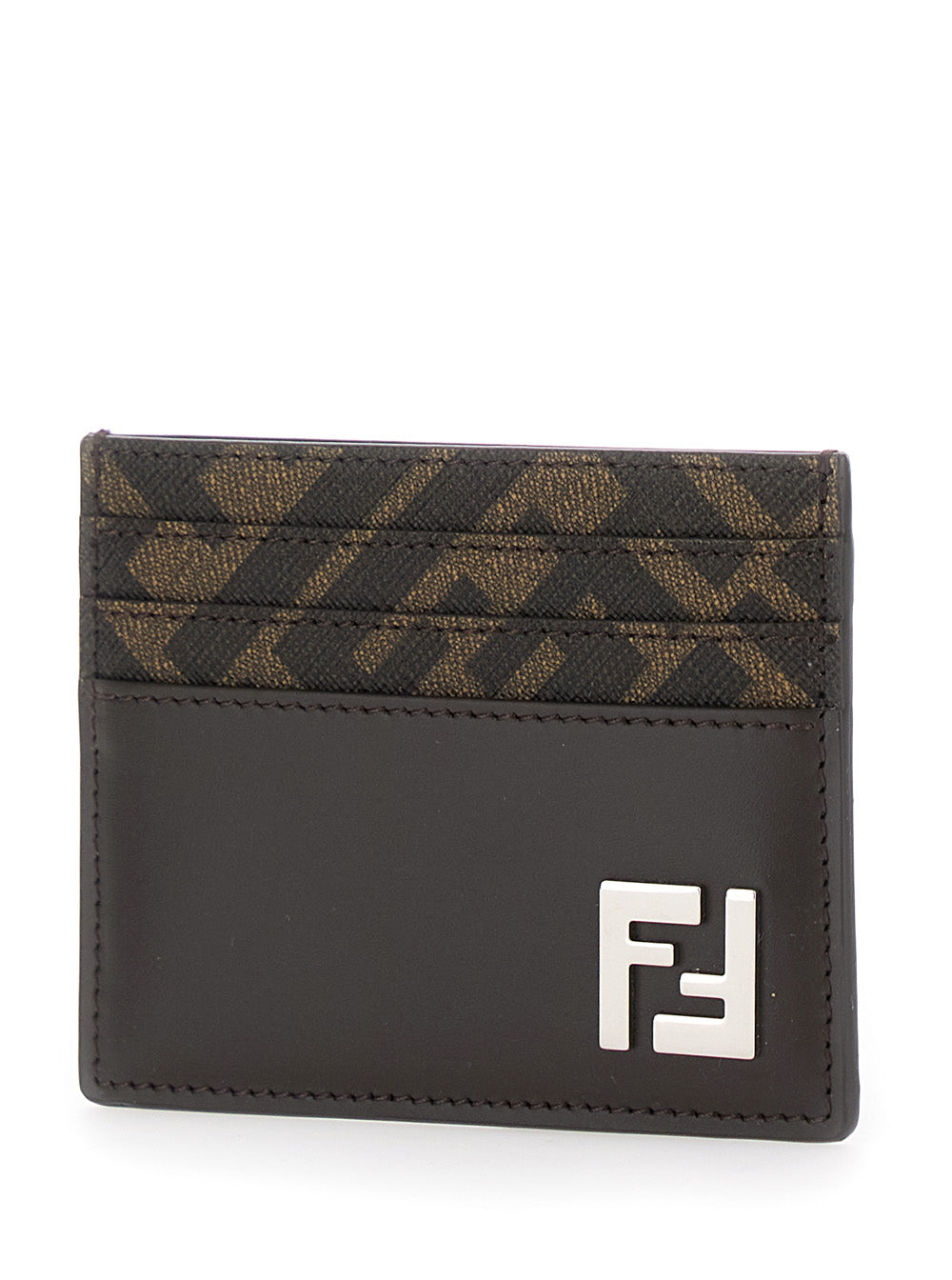 Fendi Men Squared Ff Card Holder In Leather And Ff Canvas Brown Men by Luosophy