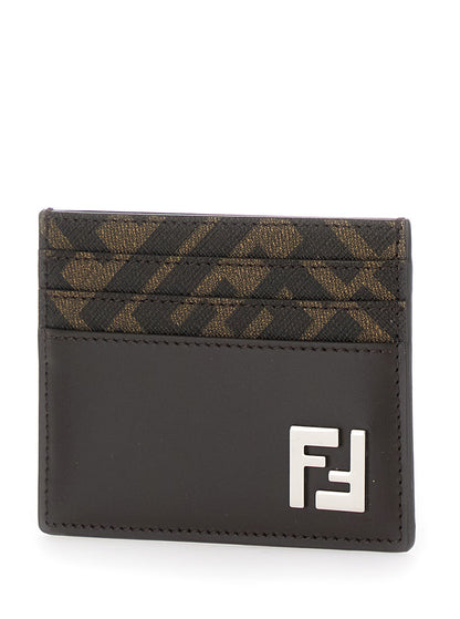 Fendi Men Squared Ff Card Holder In Leather And Ff Canvas Brown Men by Luosophy