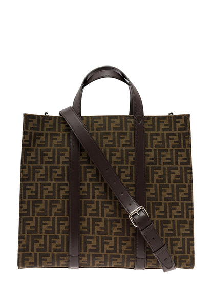 Fendi Men Brown And Beige Tote Bag With Ff Jacquard Motif In Cotton Blend Man by Luosophy