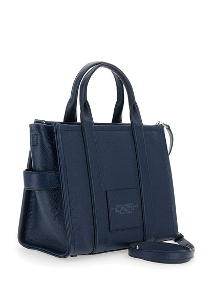 Marc Jacobs Women The Tote Bag Media Bag With Printed Logo On Hammered Blue Leather For Women by Luosophy