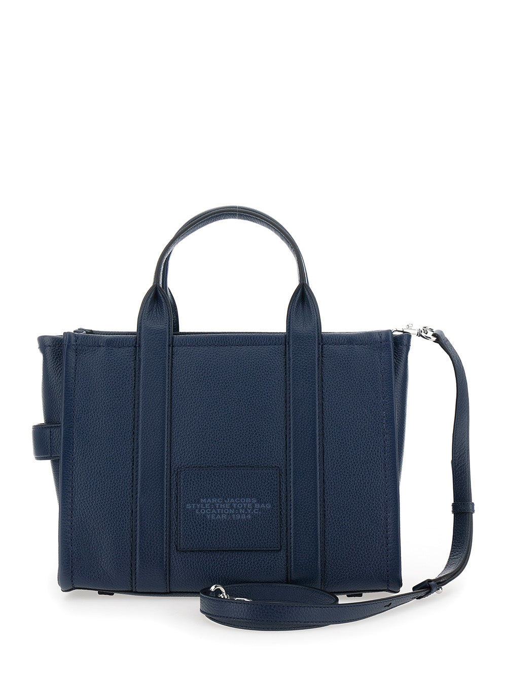 Marc Jacobs Women The Tote Bag Media Bag With Printed Logo On Hammered Blue Leather For Women by Luosophy
