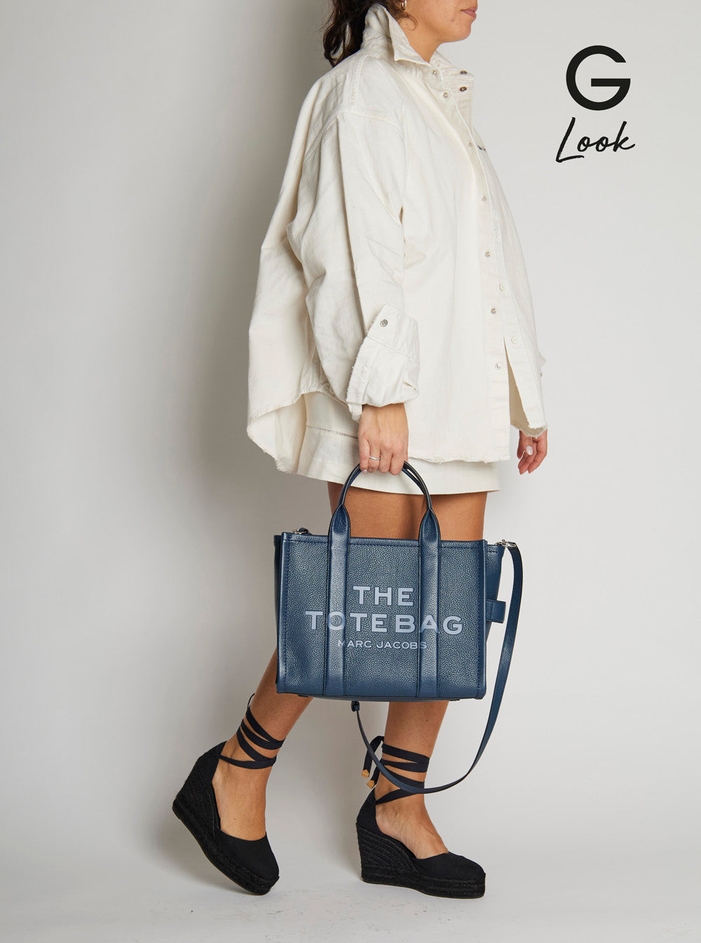 Marc Jacobs Women The Tote Bag Media Bag With Printed Logo On Hammered Blue Leather For Women by Luosophy