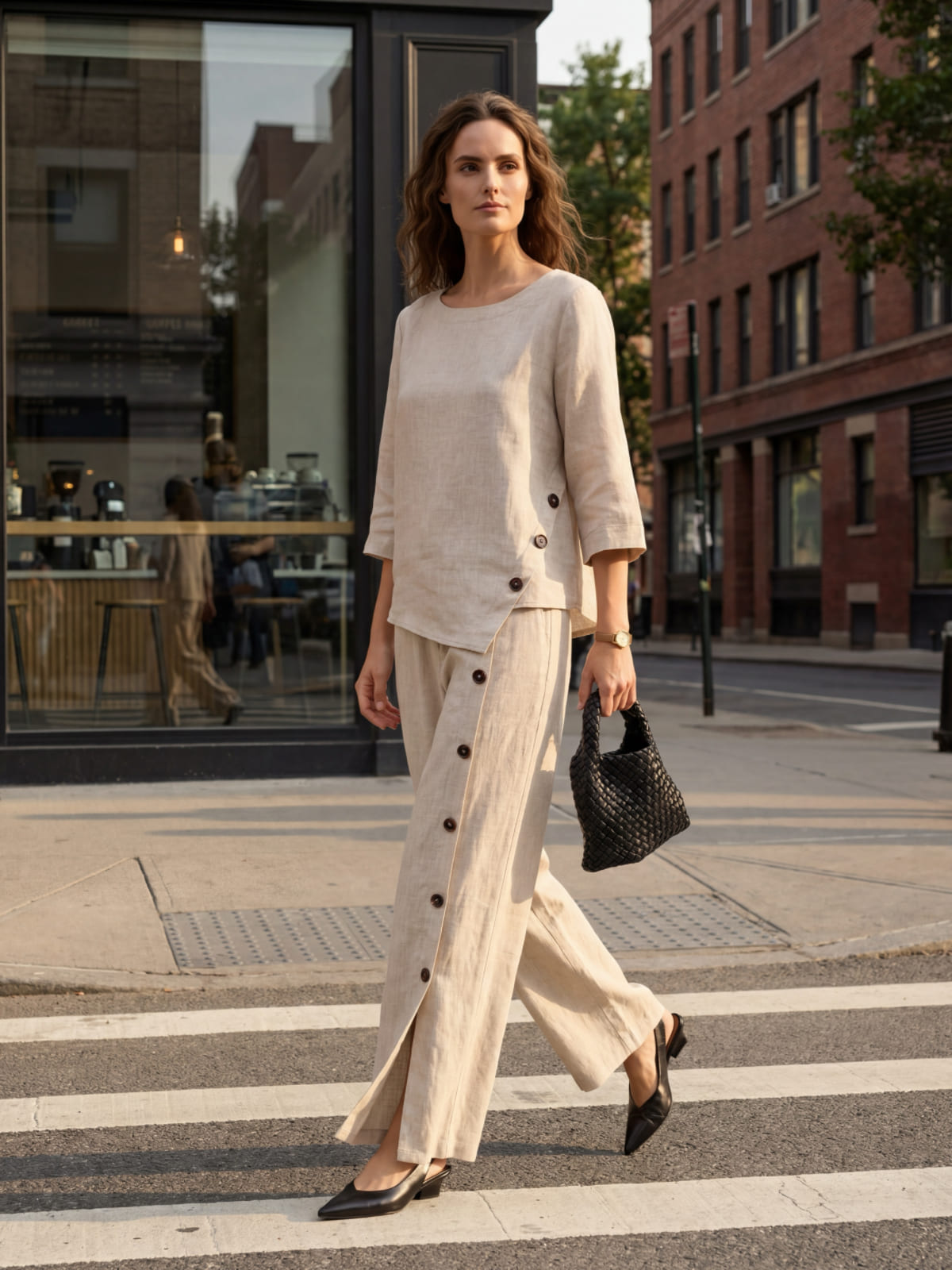 100% Linen Asymmetric-Hem Button-Trim Top NYLA  DestGlow