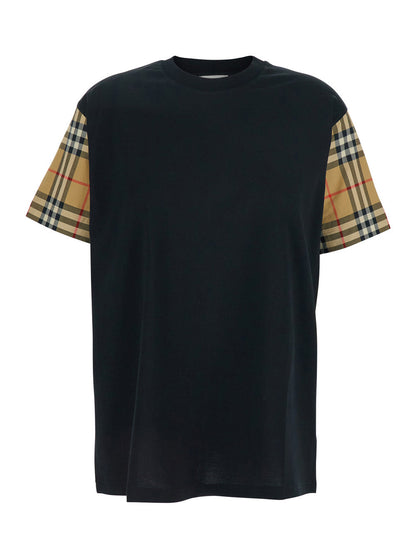 Burberry Women Black T-Shirt With Vintage Check Motif On Sleeves In Cotton For Women