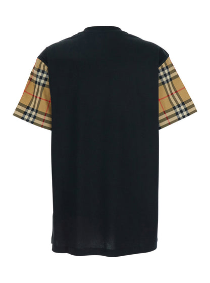 Burberry Women Black T-Shirt With Vintage Check Motif On Sleeves In Cotton For Women