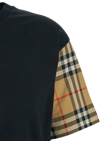 Burberry Women Black T-Shirt With Vintage Check Motif On Sleeves In Cotton For Women by Luosophy