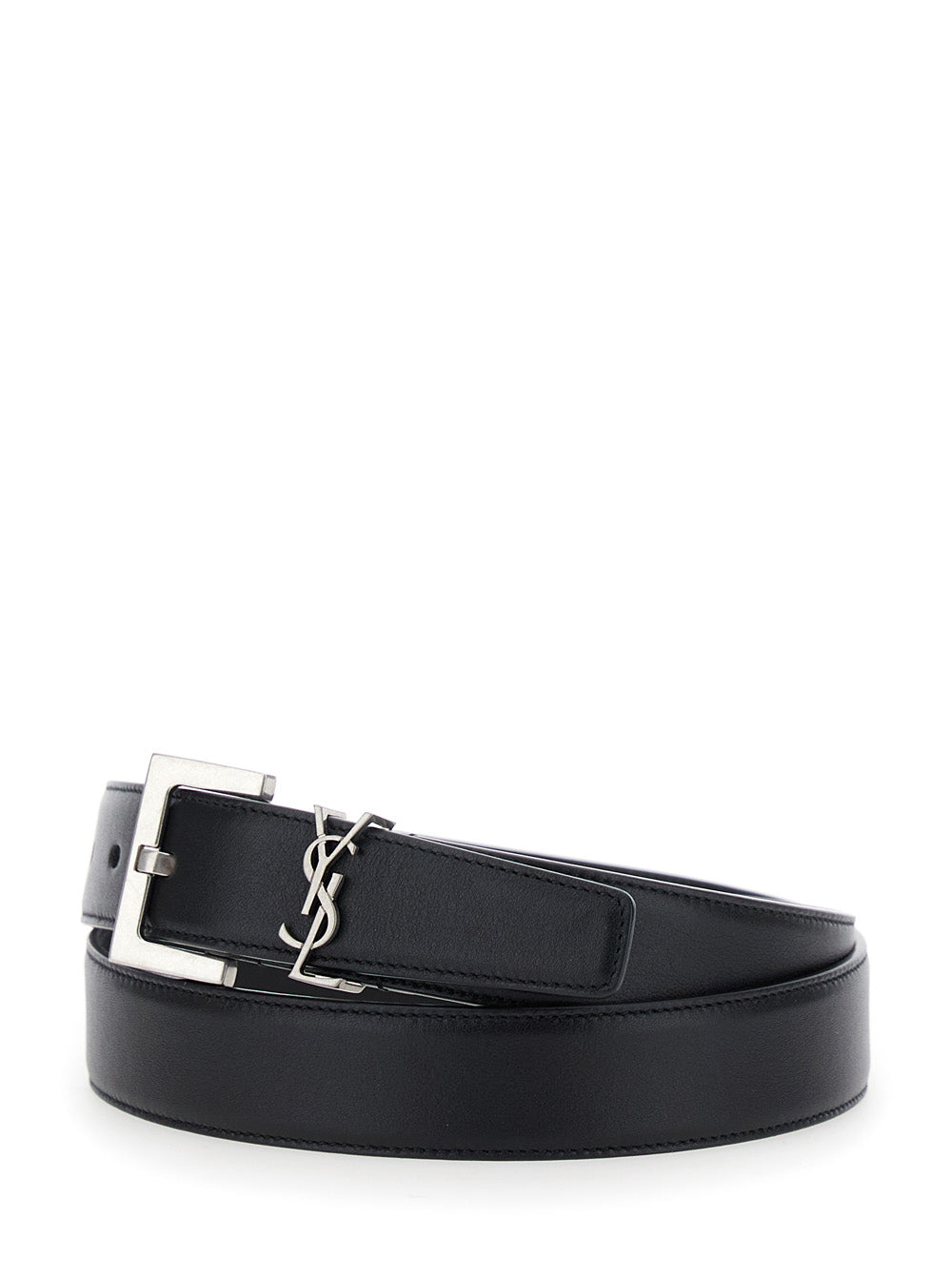 Saint Laurent Women Belt With Cassandre Plate On The Front And Square Buckle In Black Leather For Women by Luosophy