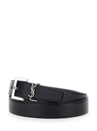 Saint Laurent Women Belt With Cassandre Plate On The Front And Square Buckle In Black Leather For Women by Luosophy