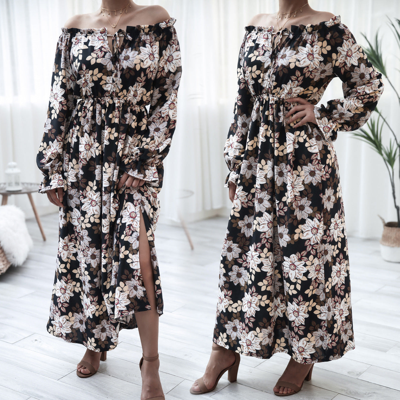Floral Bell Sleeve Wooden Ear Strapless Vacation Dress Women Clothing by Ragazza