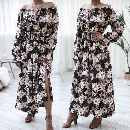 Floral Bell Sleeve Wooden Ear Strapless Vacation Dress Women Clothing by Ragazza