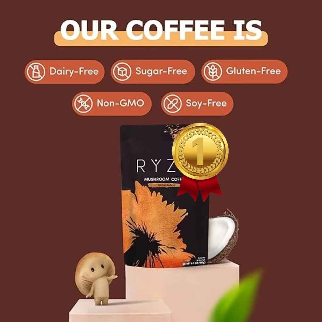 RYZE SUPERFOODS Mushroom Medium Roast Coffee Starter Kit, USDA Organic Instant Coffee with 6 Adaptogenic Mushrooms and for Energy, Focus, Digestion, Immunity with Lions Mane &amp; Turkey Tail 30 Serving