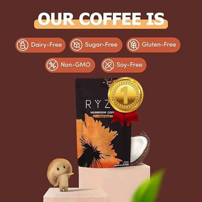 RYZE SUPERFOODS Mushroom Medium Roast Coffee Starter Kit, USDA Organic Instant Coffee with 6 Adaptogenic Mushrooms and for Energy, Focus, Digestion, Immunity with Lions Mane &amp; Turkey Tail 30 Serving