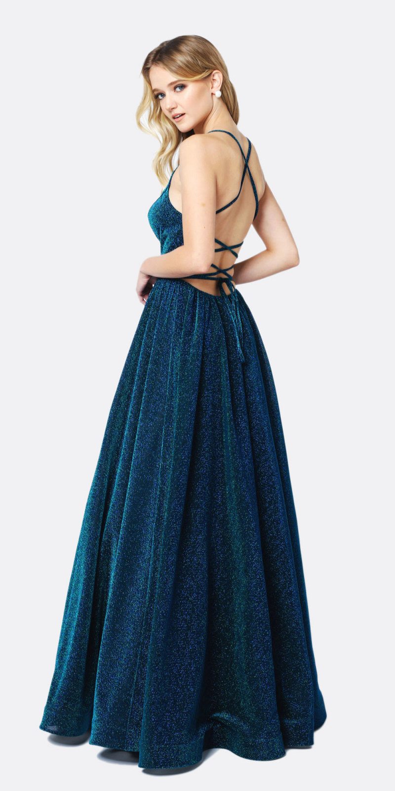 Juliet 204 Criss Cross Back Ball Gown Style Glitter Dress by DiscountDressShop